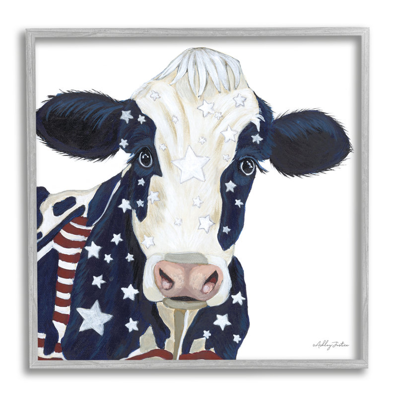 " Country Americana Cow Flag Pattern " by Ashley Justice, 12" H x 12" W x 1.5" D, Grey Framed Canvas
