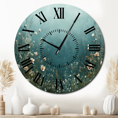 Champ de fleurs sauvages printanières turquoise - Horloge murale botanique en métal silencieux