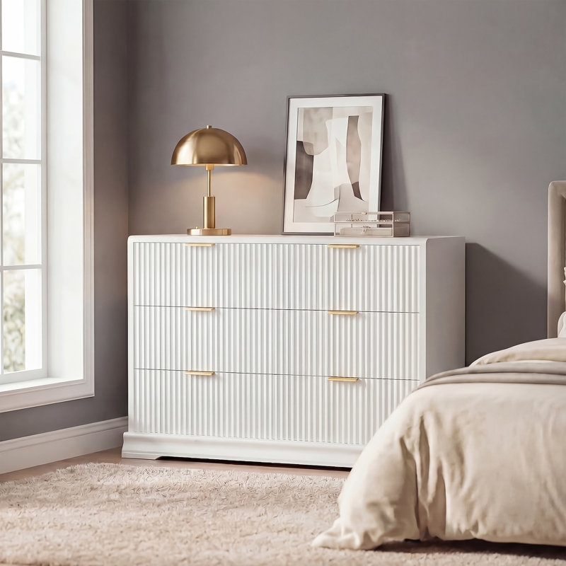 Fluted 6-Drawer Dresser with Solid Wood Base, White