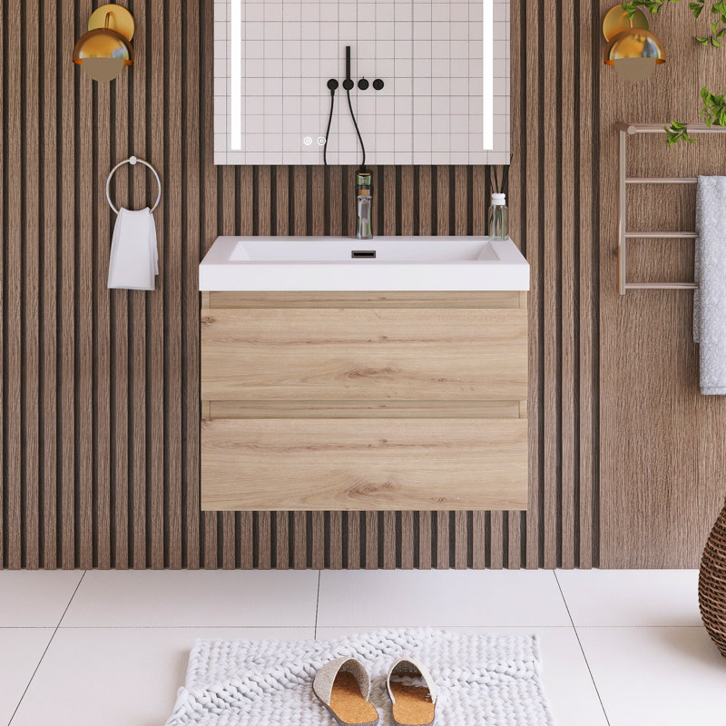Jaidy 30'' Wall Mounted Single Sink Bathroom Vanity with Resin Top, Oak