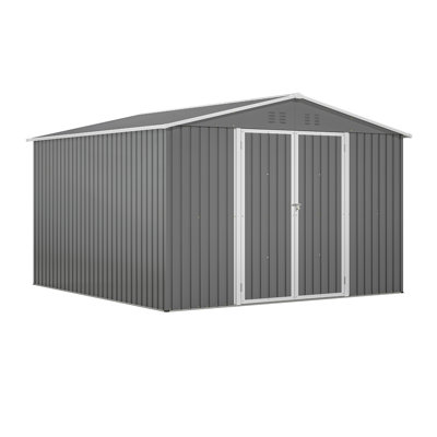 Remise de rangement extérieure 10 x 10 pi, grande remise à outils en métal avec structure à cadre et portes verrouillables, abri de jardin pour la cour de jardin, gris