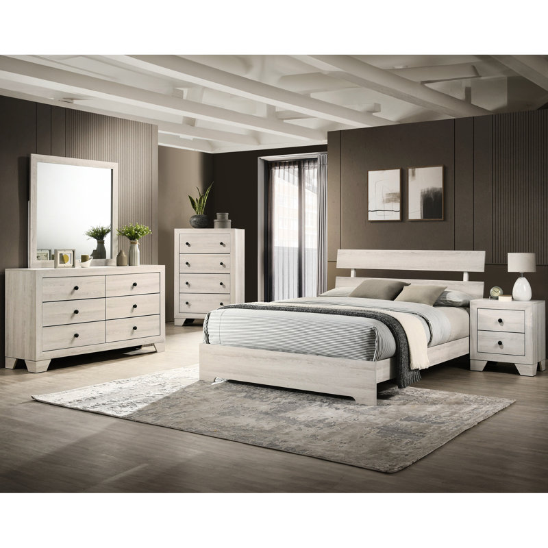 Lit double rustique dans une boîte, cadre de plateforme contemporain à profil bas, finition blanc délavé, bois massif pour la décoration de la chambre à coucher, lit de style délavé, chambre de style, boîte de solution