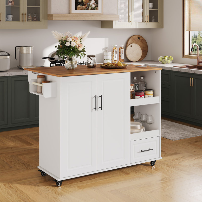 Kitchen Island on Wheels with Storage, Multifunctional Rolling Kitchen Island Cart with Drop Leaf, Spice & Towel Rack, Expandable Kitchen Table, 43.3" Wide