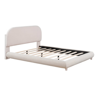 Teddy Fleece Full Size Upholstered Platform Bed With Thick Fabric, Solid Frame And Stylish Curve-Shaped Design, Beige