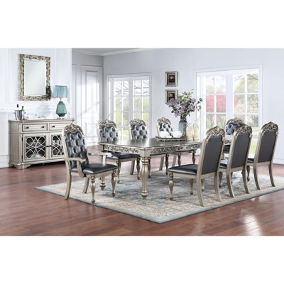 Table de salle à manger rectangulaire formelle avec 2 feuilles, argent / gris, bois d'hévéa, captivante pour la cuisine et la salle familiale, couleur gris argenté traditionnel, lignes complexes, bois d'hévéa