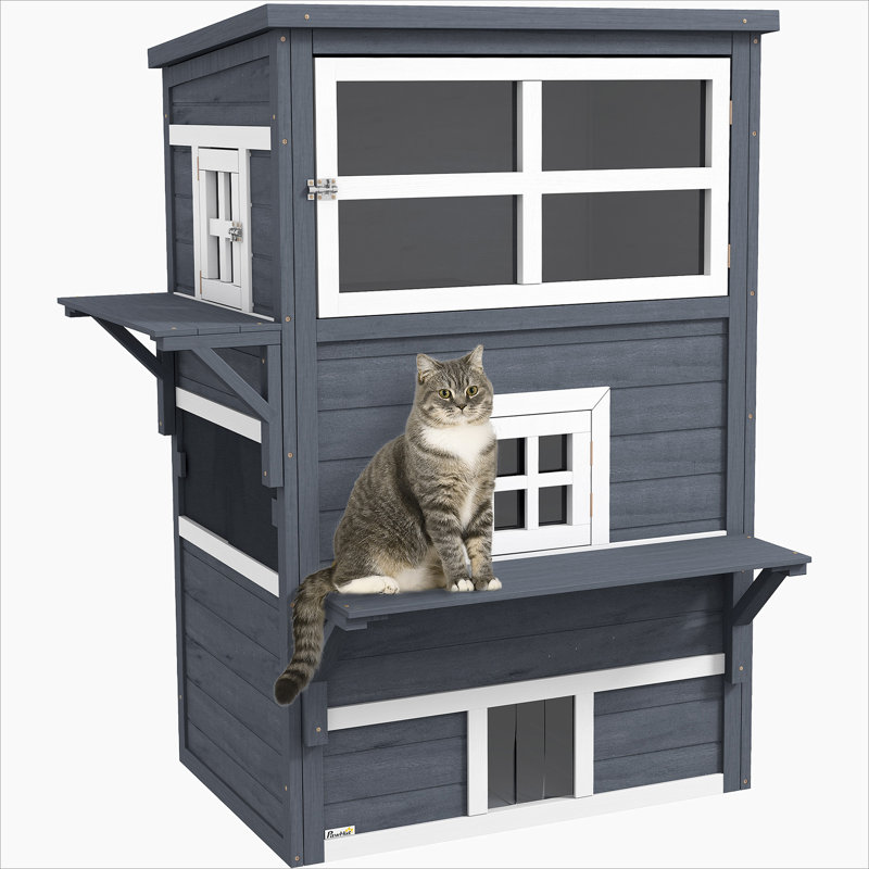 Maison d'extérieur pour chat avec plancher surélevé Monte, Gris foncé / Blanc