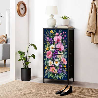 Commode à 4 tiroirs pour chambre à coucher, motif de bouquet floral d'orchidées, marguerites éclatantes et fleurs sauvages colorées. Commode étroite avec dessus en bois et structure robuste en fer. Dimensions : 45,7 cm (L) x 95,2 cm (H).