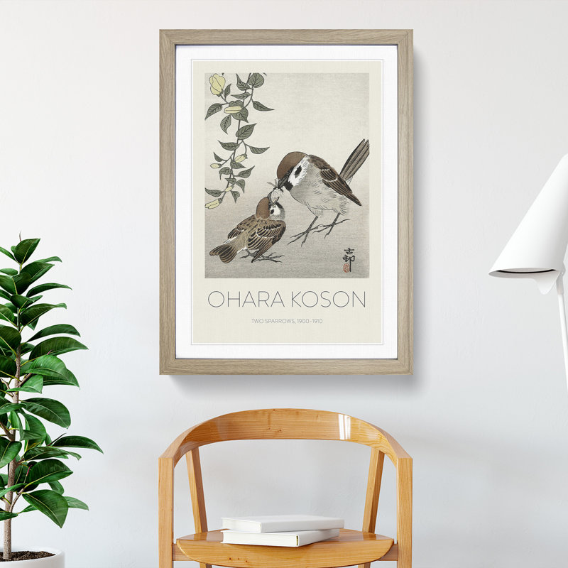 Sparrow Birds & Plants by Ohara Koson - Single Picture Frame Print, Oak Framed, 48cm H x 36cm W x 2cm D