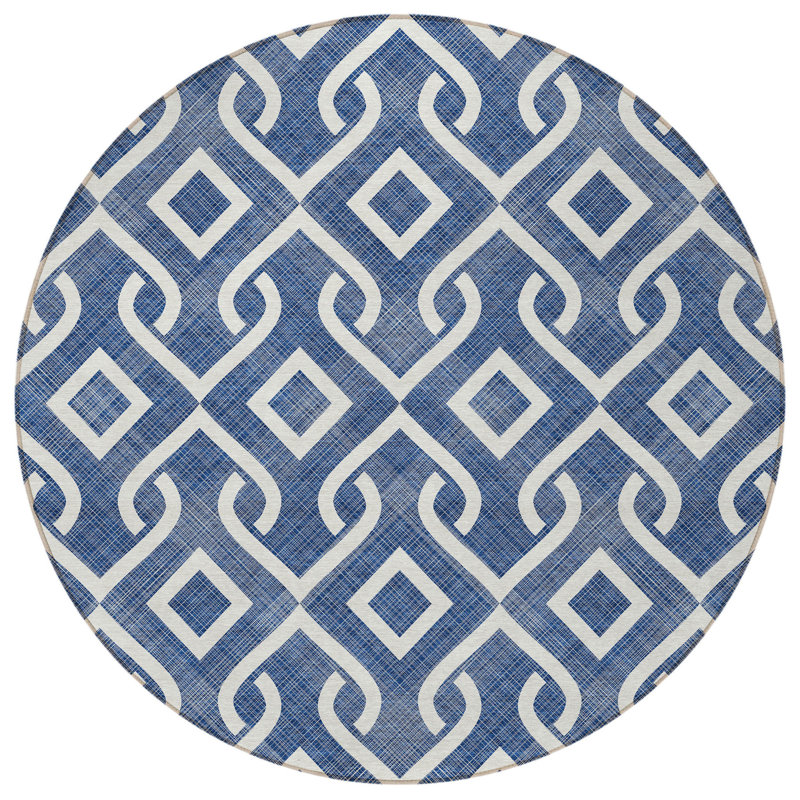 Tapis d'intérieur rond lavable géométrique 8 pi bleu marine et ivoire