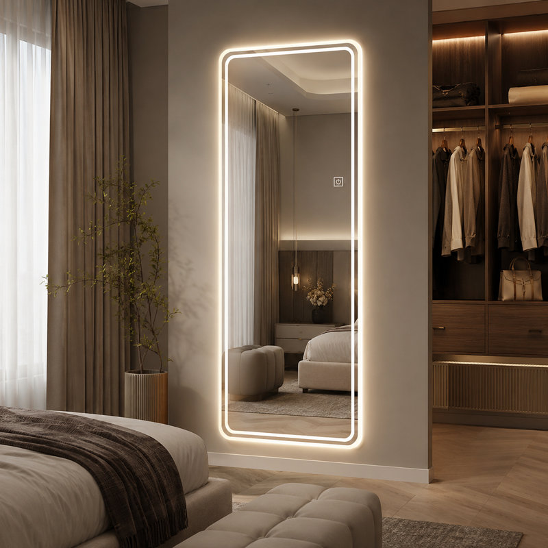 65" x 21" LED Lighted Full-Length Wall-Mounted Mirror with Dual Frosted Light Bands, 3 Color Temperatures and Stepless Dimming