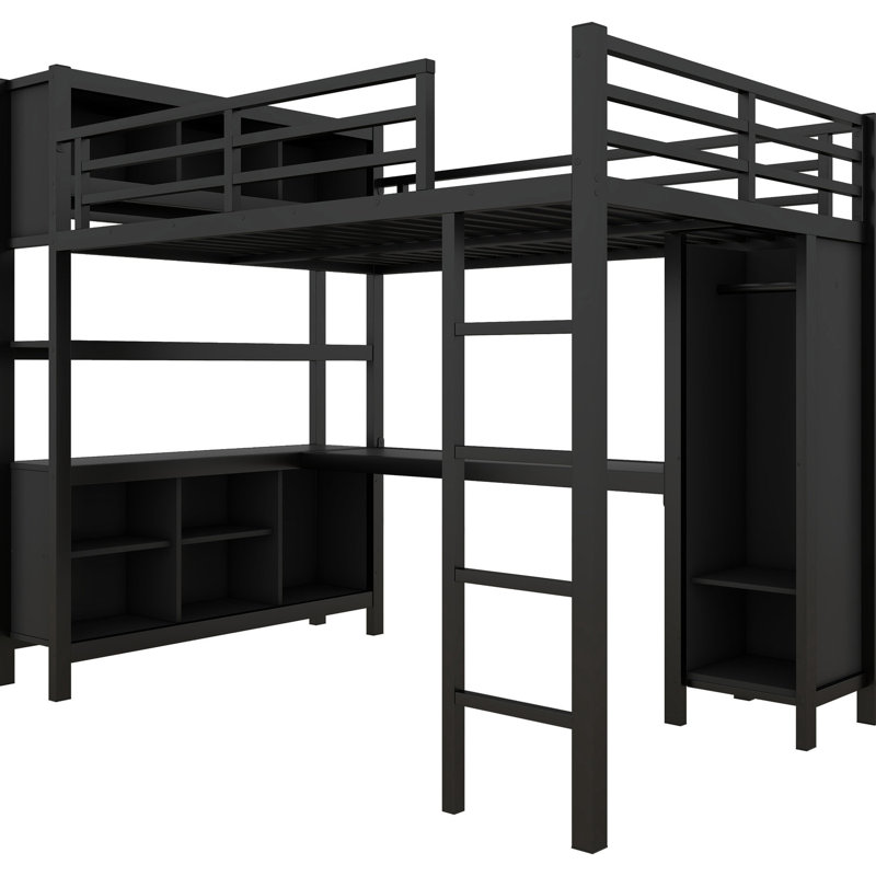 Lit mezzanine double en métal noir avec rangement et garde-robe, bureau pour adolescents en forme de L en noir, garde-robe pour adultes,