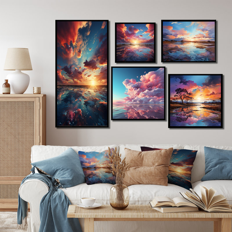 Majestic Dream Sunset Horizon - Ensemble de 5 décorations murales ciel, Cadre flottant noir