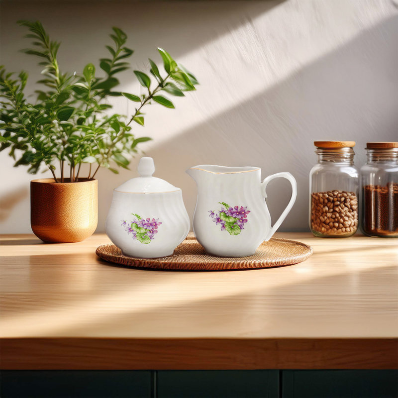 Nila white porcelain sugar and creamer set, embossed finish (set of 2)