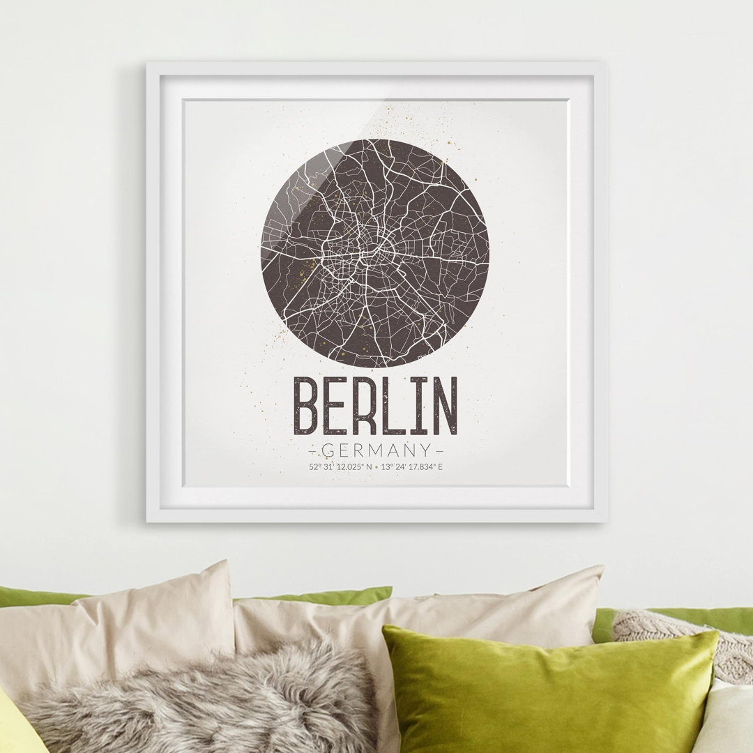 Gerahmtes Papierbild Stadtplan Berlin - Retro