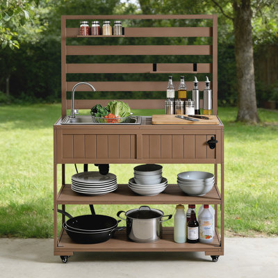 41.7'' Rolling Outdoor Kitchen Island, Solid Wood Kitchen Cart With Sink And Stainless Table Top