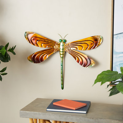 Décoration murale intérieure multicolore libellule en acier inoxydable avec ailes brunes