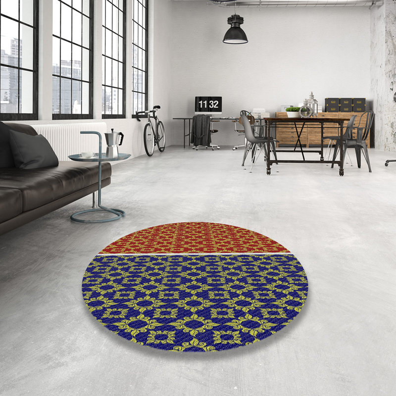 Tapis rouge/bleu/jaune tissé à la machine, Rond 4 pi