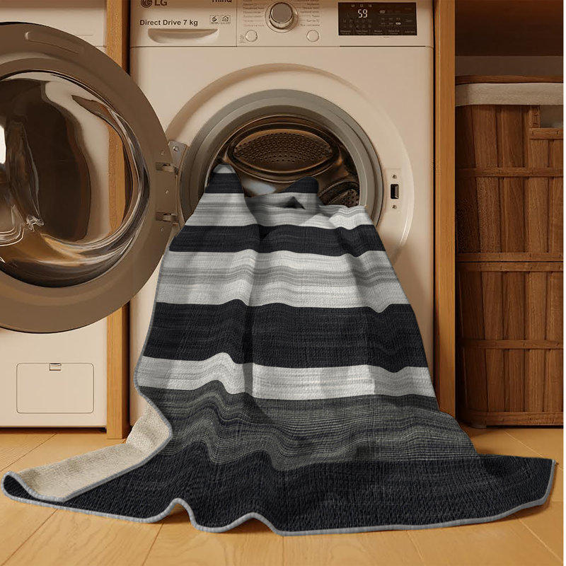 Washable Charcoal Light Gray Striped Area Rug, Runner 2' x 4'