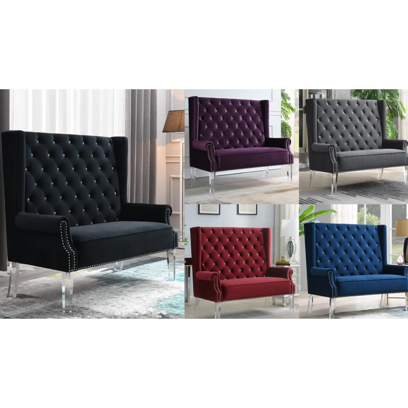 Banc à oreilles en velours à dossier haut avec pieds en acrylique, Mauve
