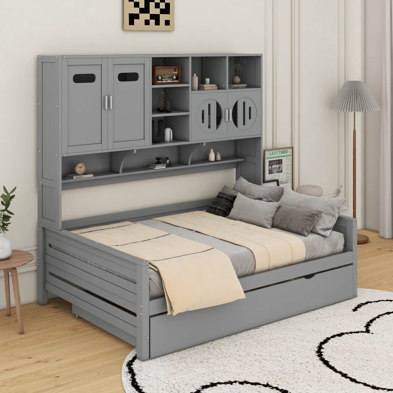 Lit de jour en bois avec lit gigogne simple, armoire et tablette tout-en-un, gris, Double