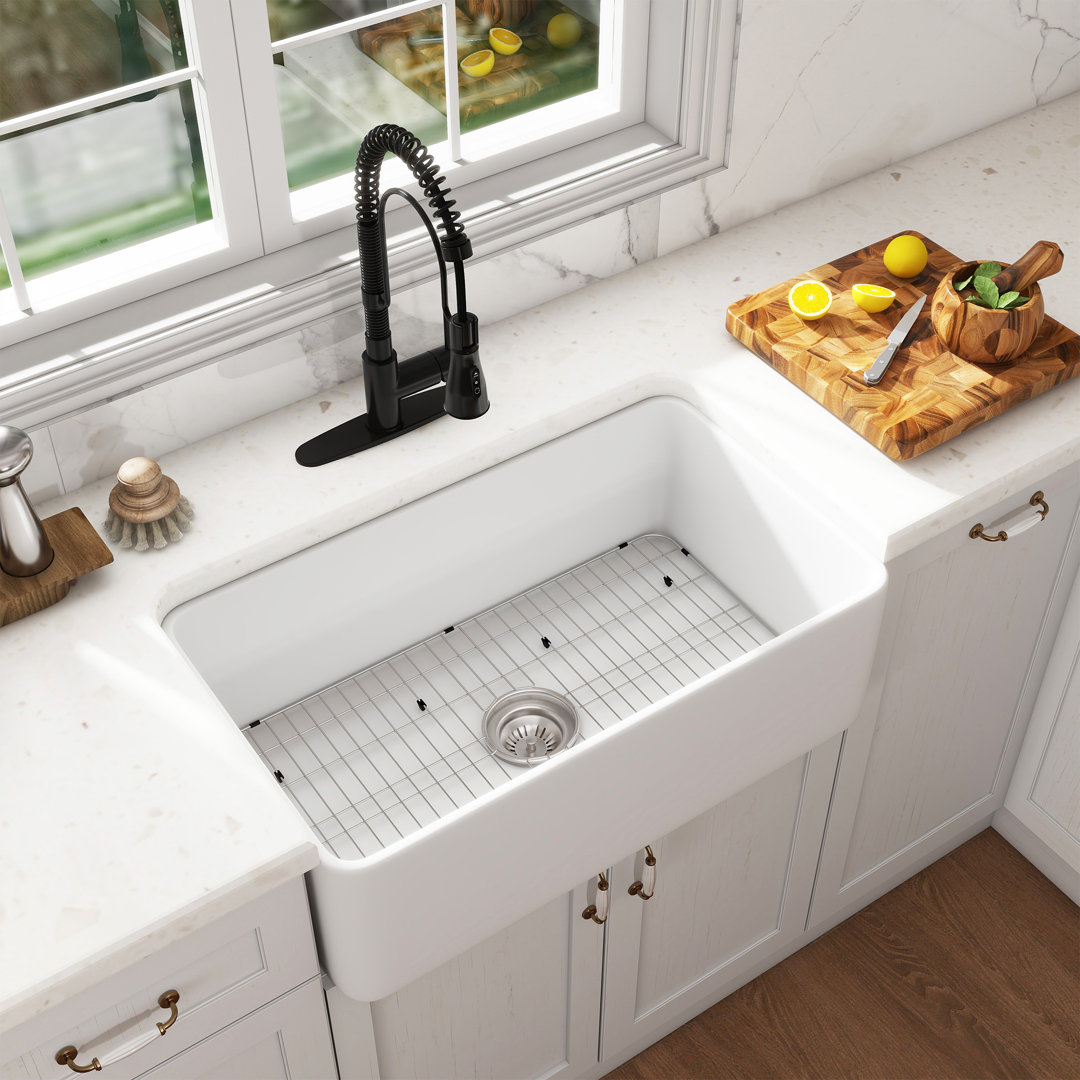 CASAINC Single Bowl White Fireclay Farmhouse Kitchen Sink With Faucet Included CASAINC Faucet 