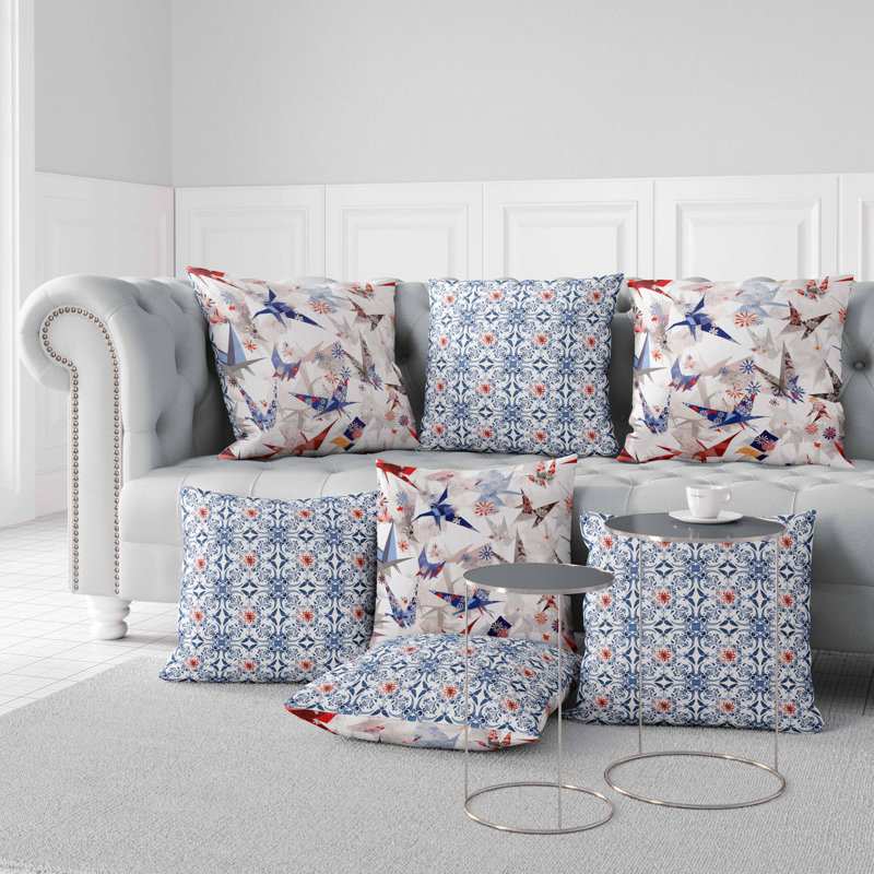 White and Blue Origami Patterned Square Throw Pillow