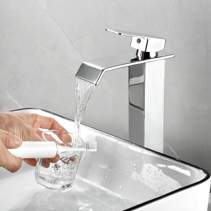 Waterfall Bathroom Vessel Faucet With Pop-Up Drain Single Hole Bathroom Vessel Sink Faucets Stainless Steel Single Handle Tall Bathroom Vanity Basin Taps