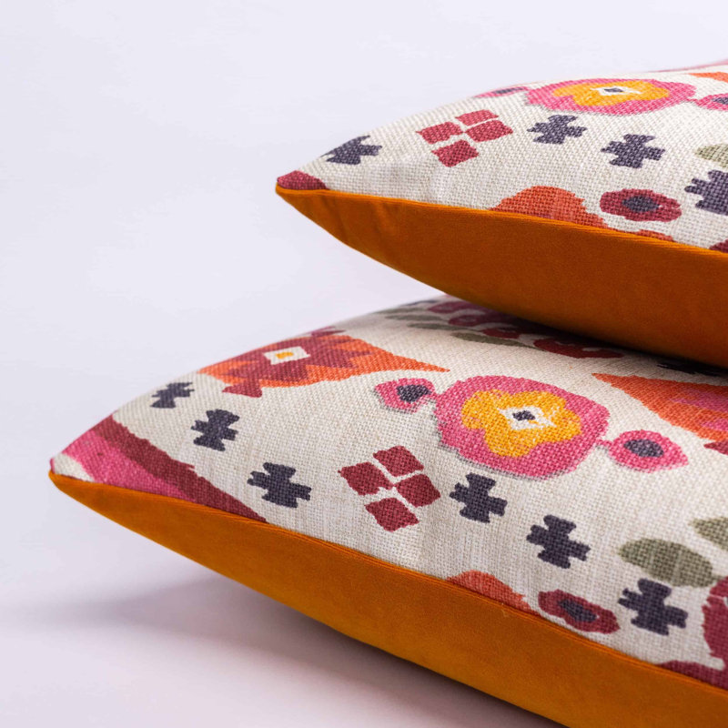 Heavyweight Linen-blend IkatCushion in Pink and Orange, 58x58cm, Feather filled