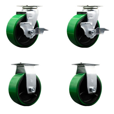 4 Piece Poly Cast Iron Roller Bearing Caster Set with 2 Brakes and 2 Rigids