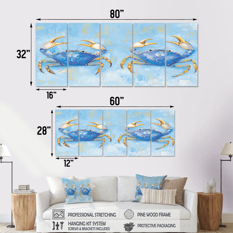 Blue Yellow Coastal Crab Battle - Animals Wall Art Print Set, 28" H x 60" W
