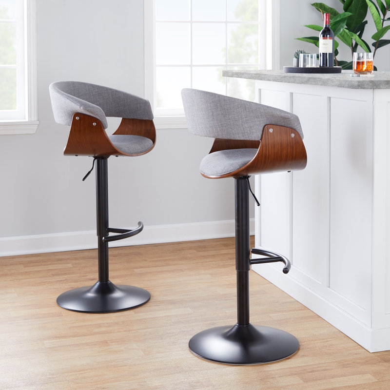 Arabelle Swivel Upholstered Adjustable Height Counter Stool with Metal Frame, Light Gray, Walnut Wood/Black