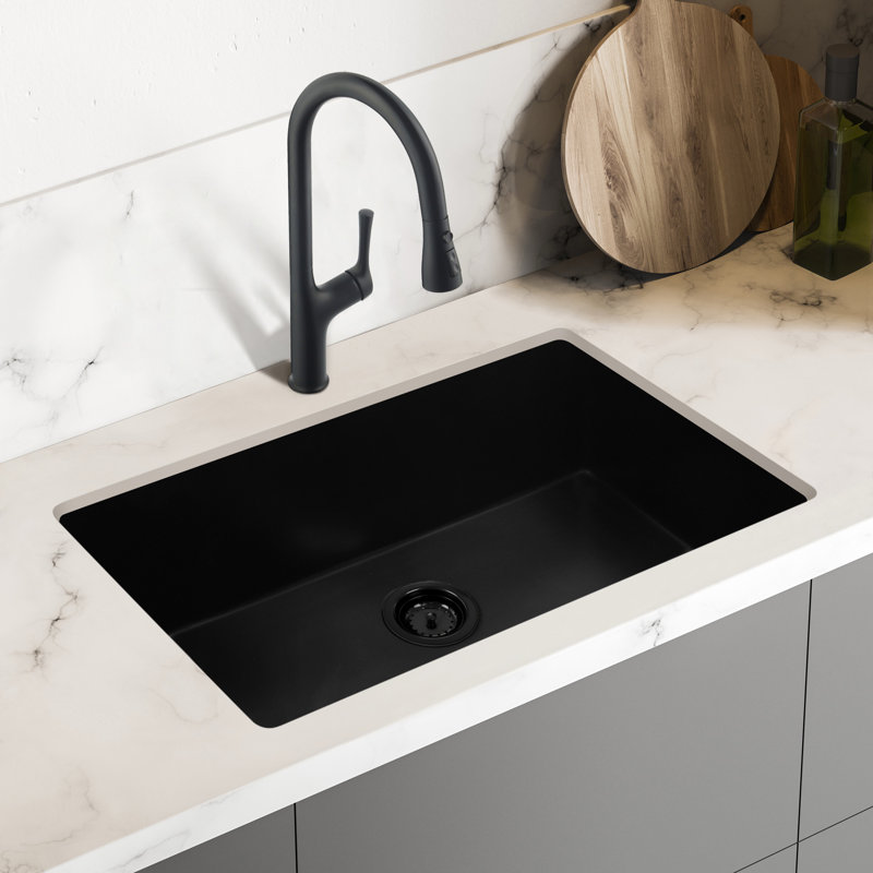 31'' L Undermount Single Bowl White Granite Kitchen Sink, Black