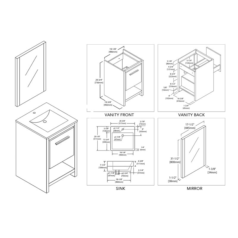 20.38 " W Freestanding Standard Free Standing Single Double Single Vanity Bathroom Vanity With Top with Mirror, Silver Gray