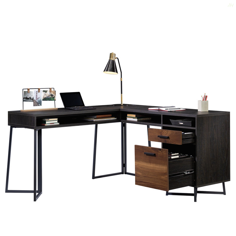 Bureau en L avec 2 tiroirs et casiers, finition noyer foncé