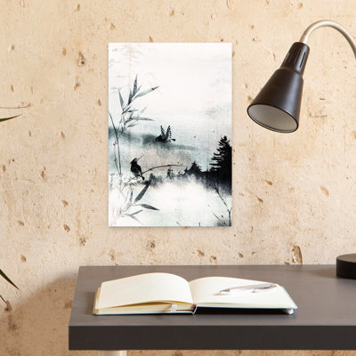 Contemporary Art Abstract Serene Traditional Bamboo Bird Landscape Nature Wall Art by Treechild - Wrapped Canvas Print