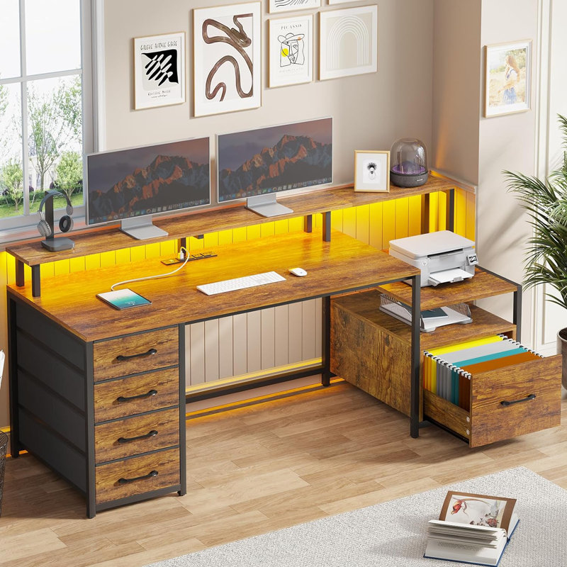 Joceleen Computer Desk with Built-In Electrical Outlet, Black