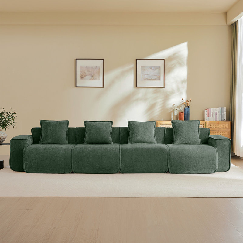 Canapé modulaire à 4 places avec passepoil à bordure française, sans assemblage requis, canapé moderne à 4 places avec coussins décoratifs, tissu de velours vert