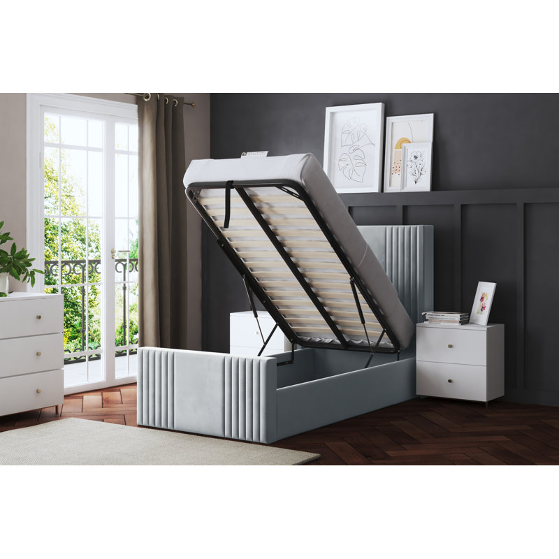 Elara Winged Ottoman Panel Bed with Headboard, Silver, Single (3')