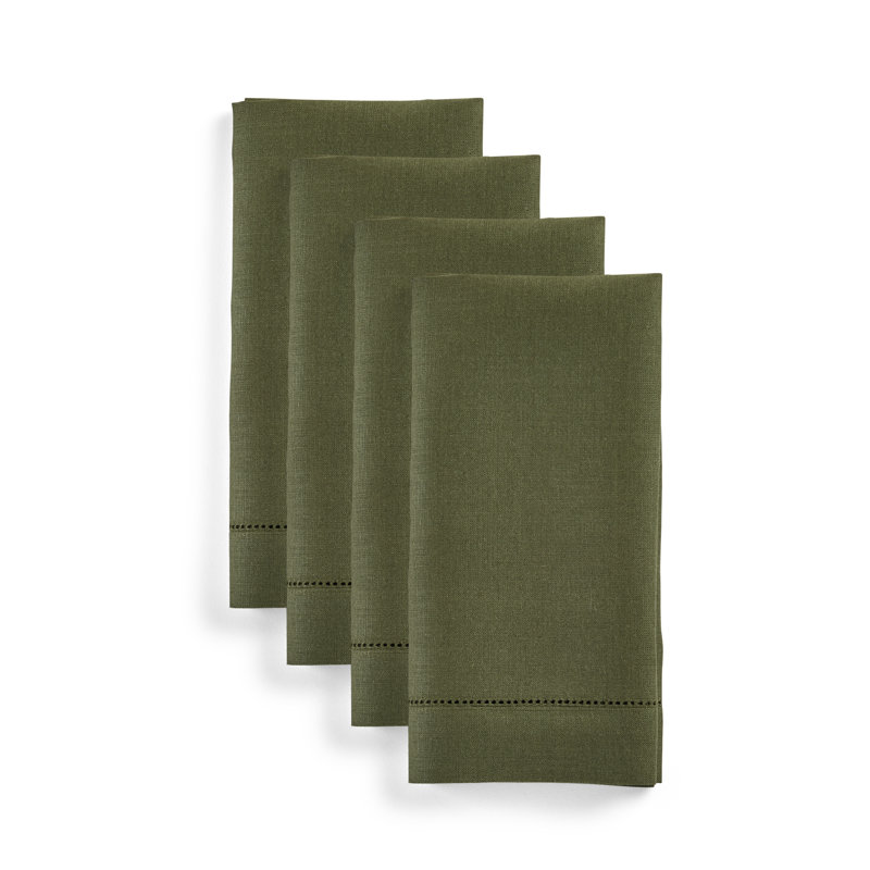 100% Pure Linen Hemstitch Dinner Napkins - Classic Hemstitch, Olive