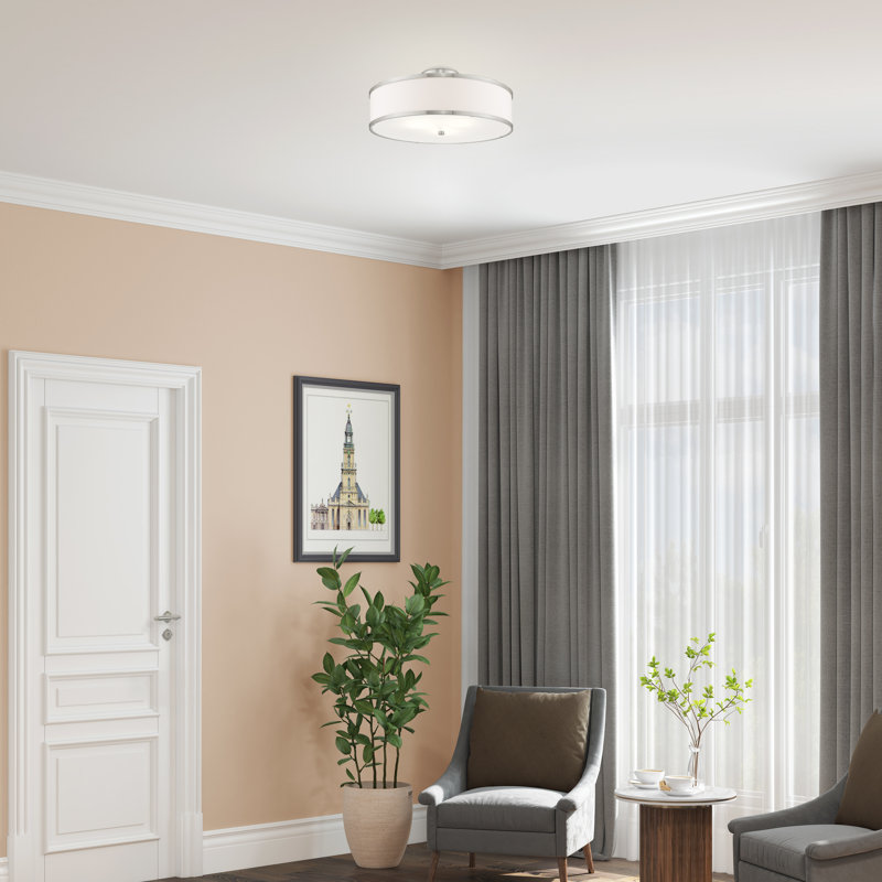 Plafonnier semi-encastré 2 lumières 13 po Berthine, Nickel brossé, Blanc cassé, H 8 po x l 18 po x P 18 po
