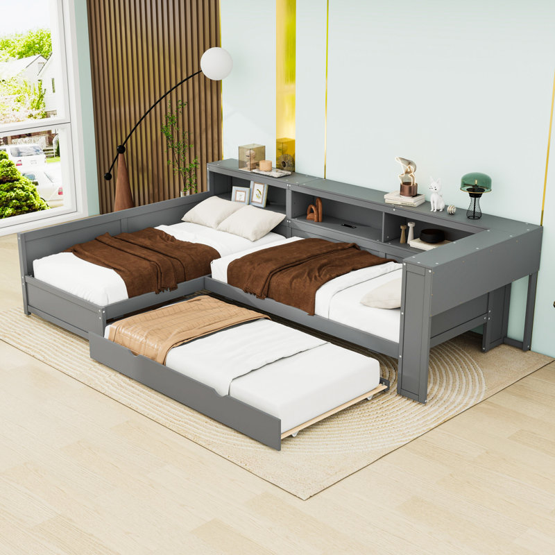 Lit plateforme simple en bois avec lit gigogne et tiroir, gris