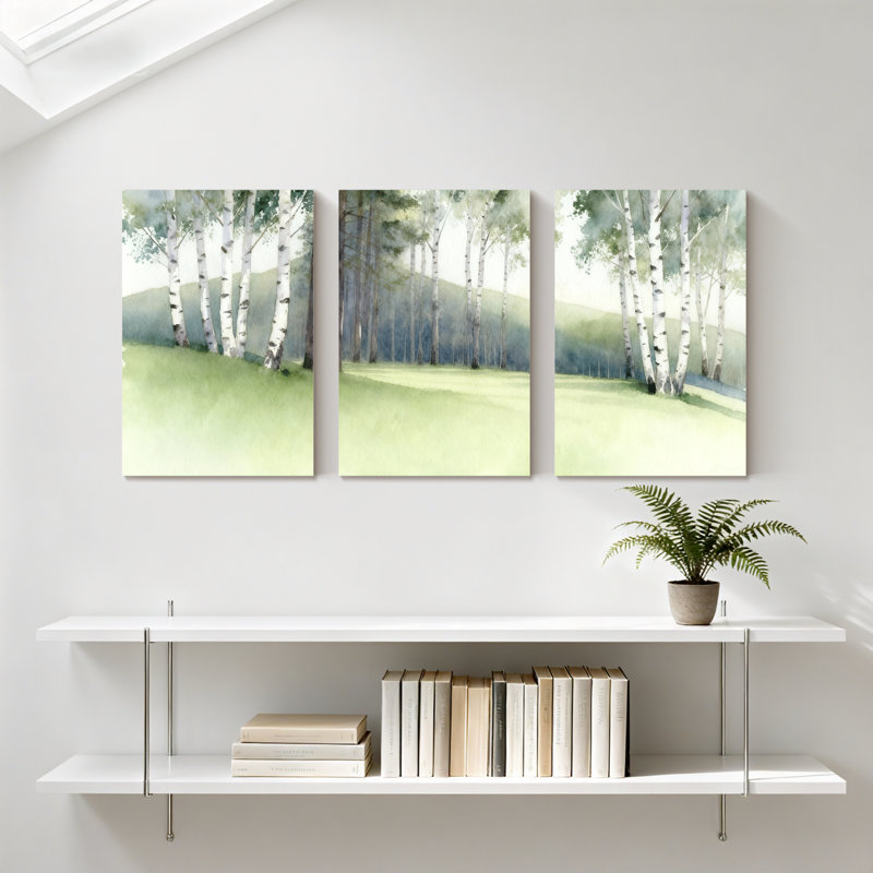Hiver, forêt, bouleaux, paysage, aquarelle, ensemble de 3 reproductions d'art sur toile, H 30 po x l 60 po