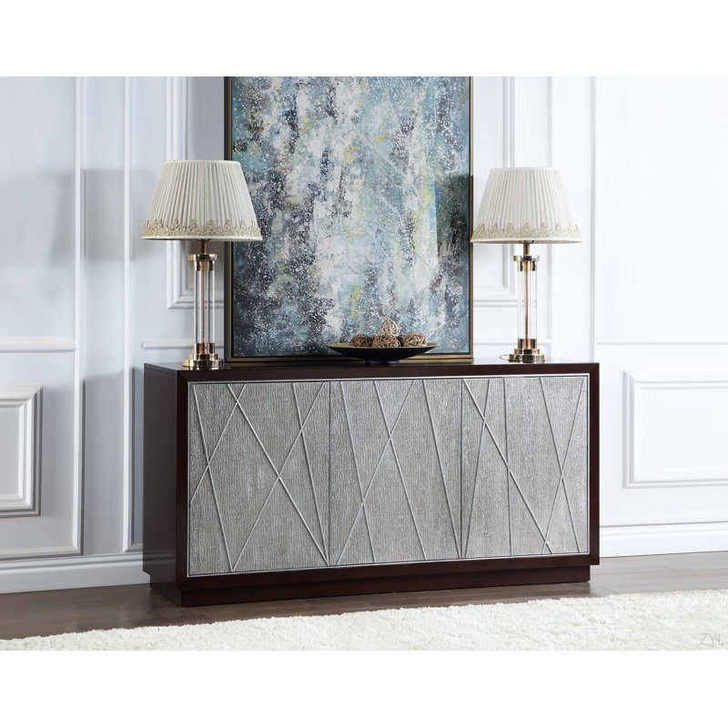 Armoire console à finition argent métallique et noyer