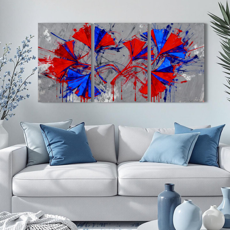 Tableau abstrait à motifs d'éclaboussures rouges, bleues et grises (paquet de 3), 30" H x 60" W