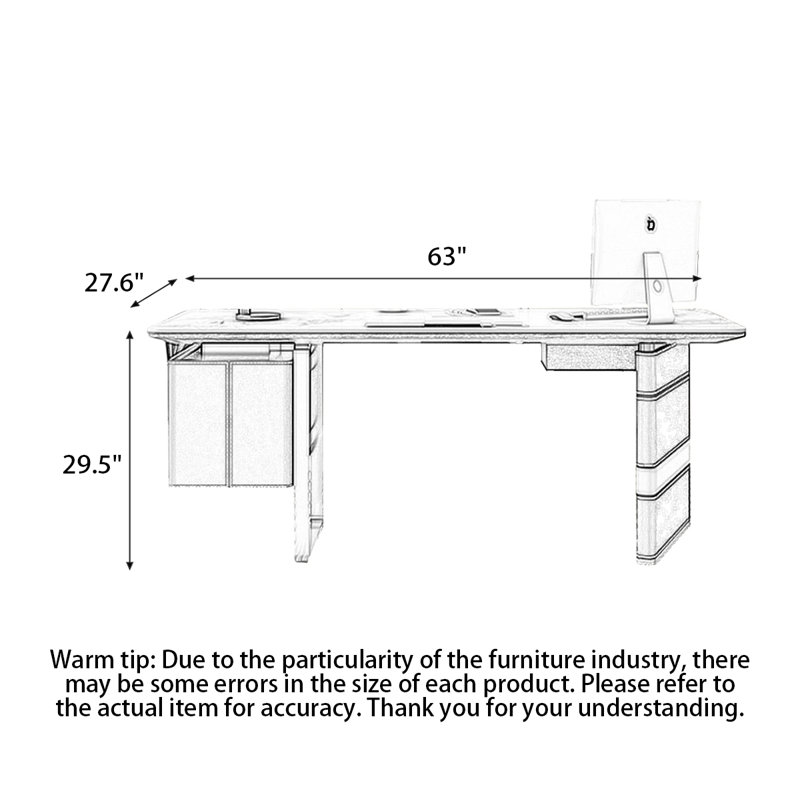 Bureau à plateau en quartz avec pieds en acier inoxydable et 3 tiroirs, H 29,5 po x l 63 po x P 27,6 po