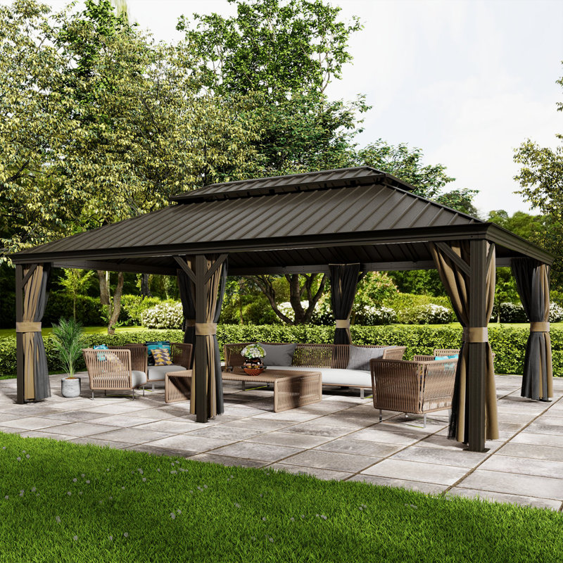 Hardtop Aluminum Patio Gazebo with Double-Vented Galvanized Steel Roof, Mosquito Netting & Privacy Curtains for Backyard, Garden, Deck & Poolside
