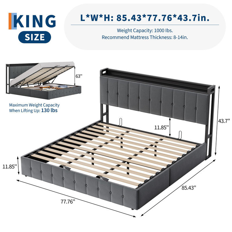King Size Velvet Upholstered Storage Bed with Hydraulic Lift Platform and Built-In Headboard Shelf - Button-Tufted Design