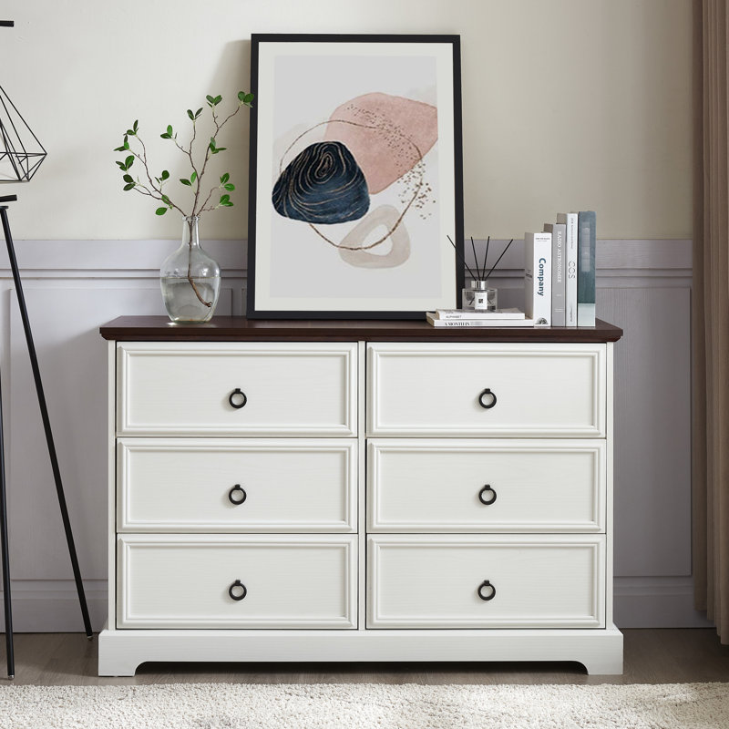 Commode blanche à 6 tiroirs - Style moderne avec capacité de rangement et poignées en métal spacieuses