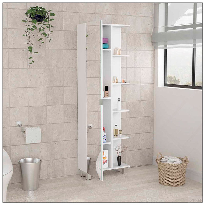Armoire à linge miroir Urano, quatre tablettes intérieures, cinq tablettes extérieures - blanc