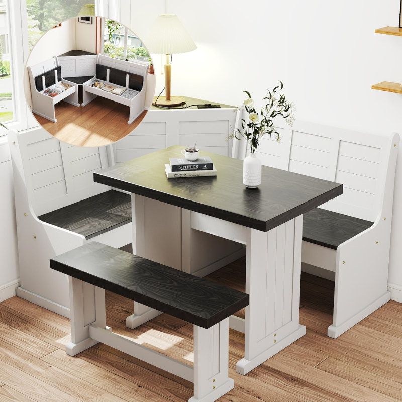 FSC Solid Pine L-Shape Breakfast Nook Set Dining Corner Set With Charging, Storage & Reversible Bench (Seats 3-5)